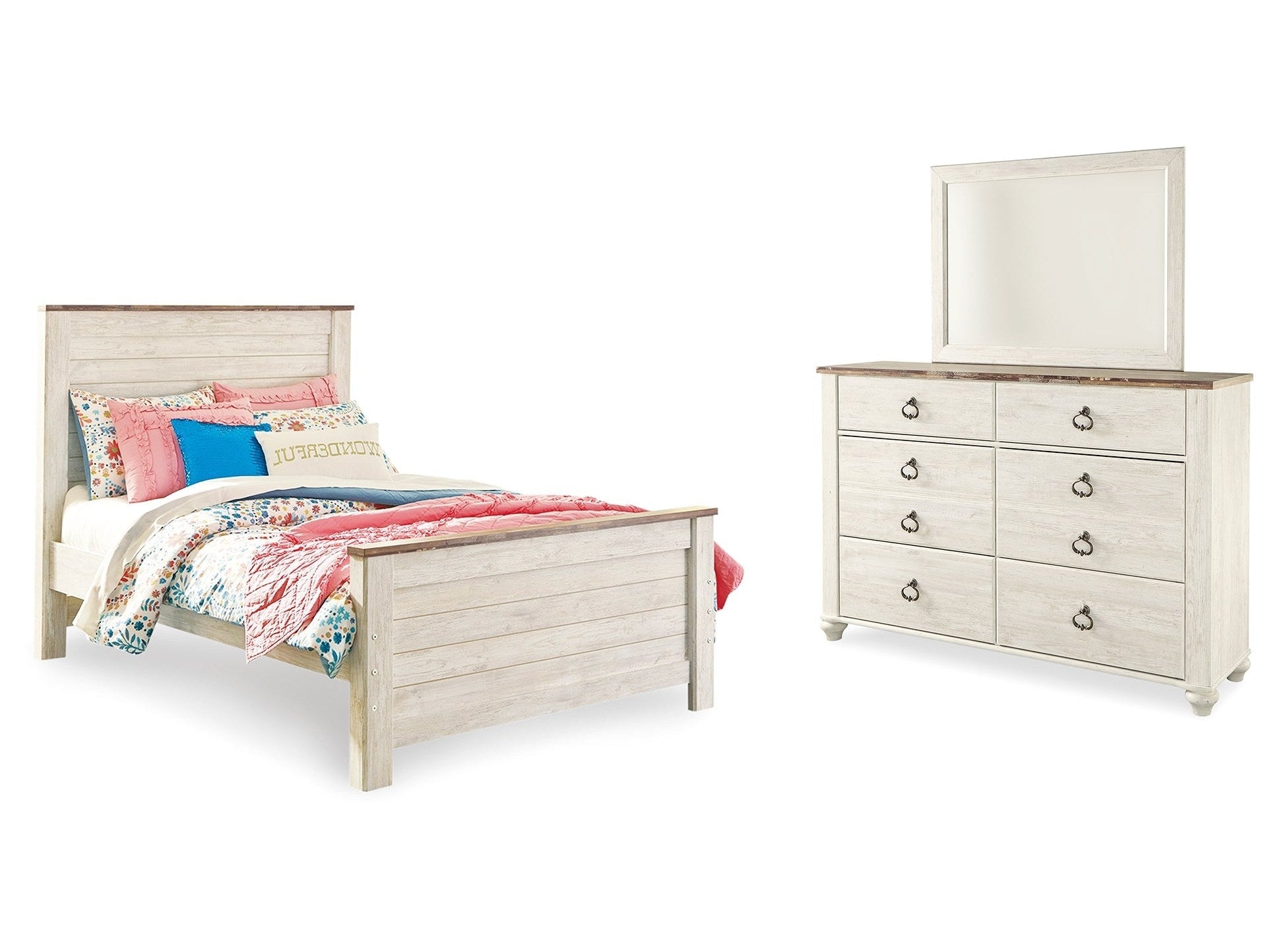 Willowton Whitewash Full Panel Bedroom Set with Dresser and Mirror