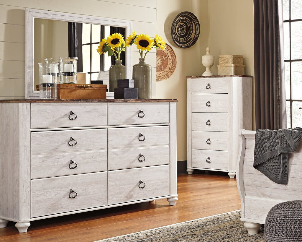 Willowton Whitewash Full Panel Bedroom Set with Dresser and Mirror