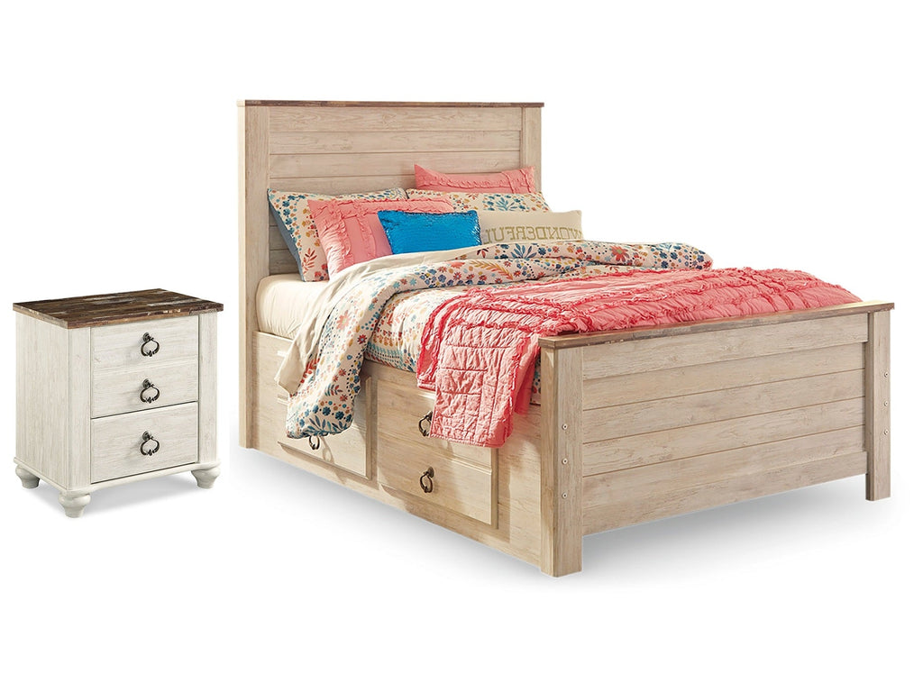 Willowton Whitewash Full Panel Bedroom Set with Storage and Nightstand