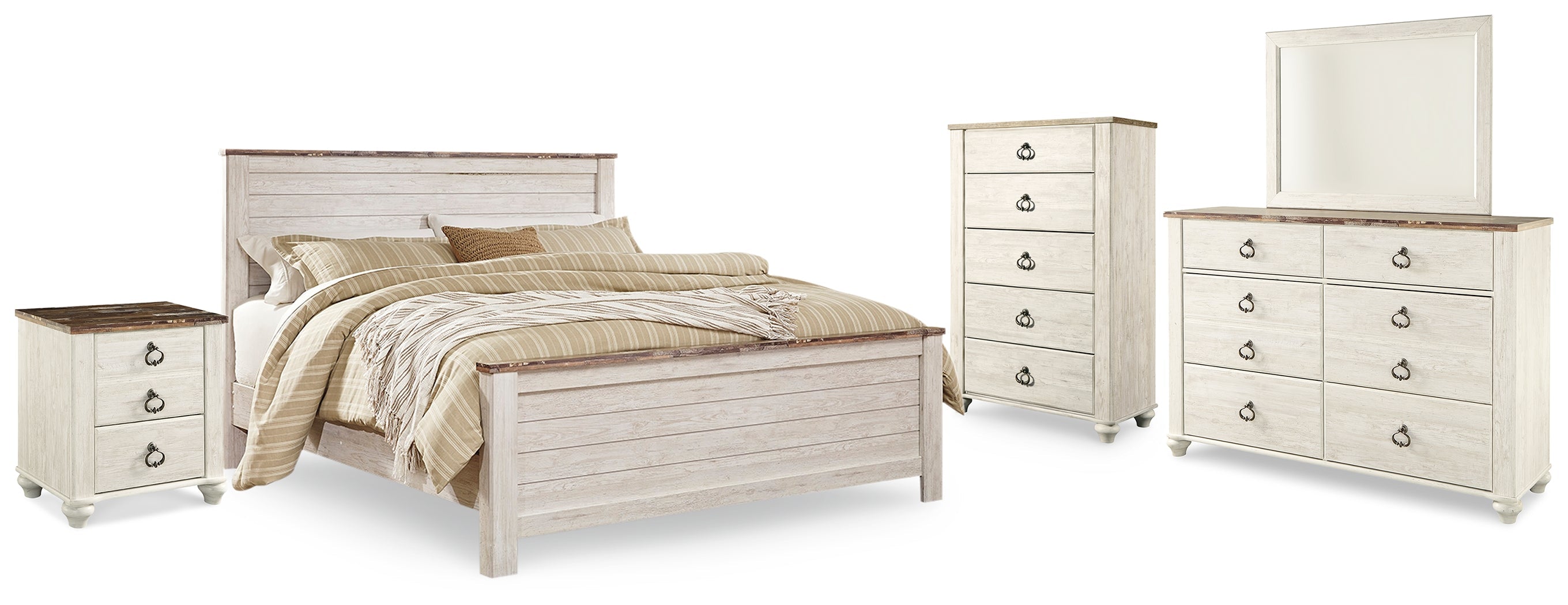 Willowton Whitewash King Panel Bed, Dresser, Mirror, Chest and Nightstand