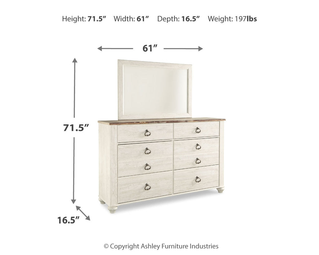 Willowton Whitewash King Panel Bed, Dresser, Mirror, Chest and Nightstand