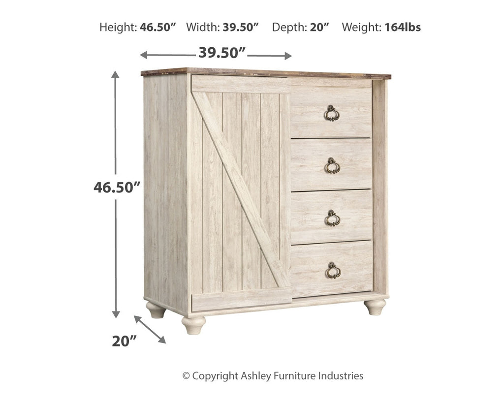 Willowton Whitewash King Panel Bed, Dresser, Mirror, Chest and Nightstand