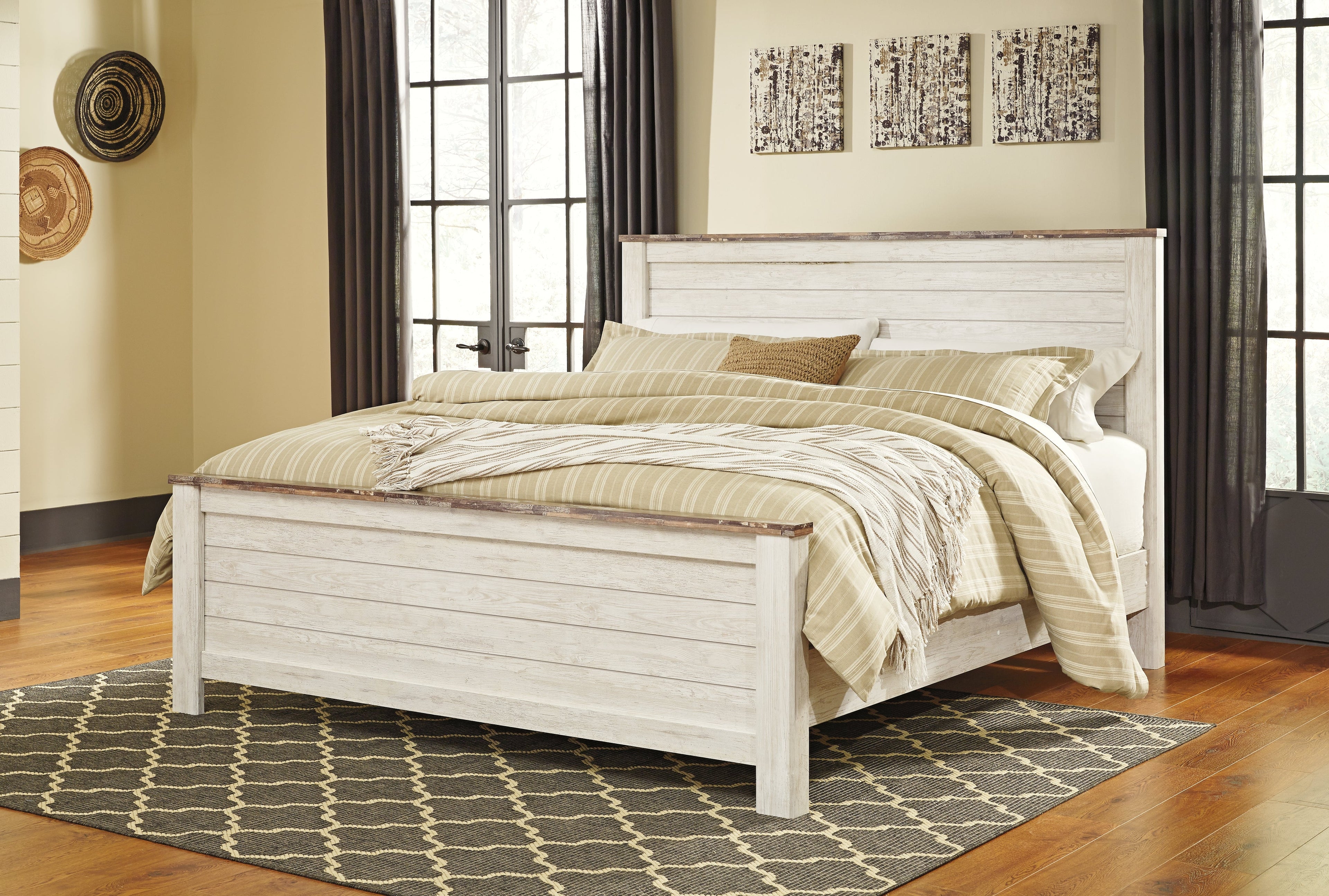 Willowton Whitewash King Panel Bed, Dresser, Mirror, Chest and Nightstand
