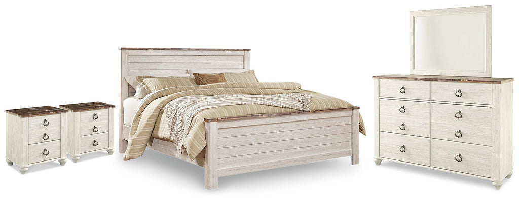Willowton Whitewash King Panel Bed, Dresser, Mirror and 2 Nightstands