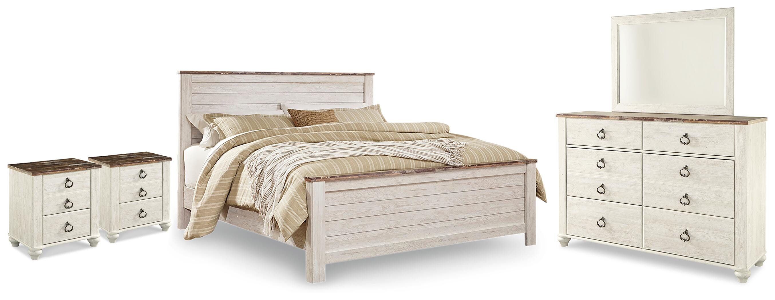 Willowton Whitewash King Panel Bed, Dresser, Mirror and 2 Nightstands