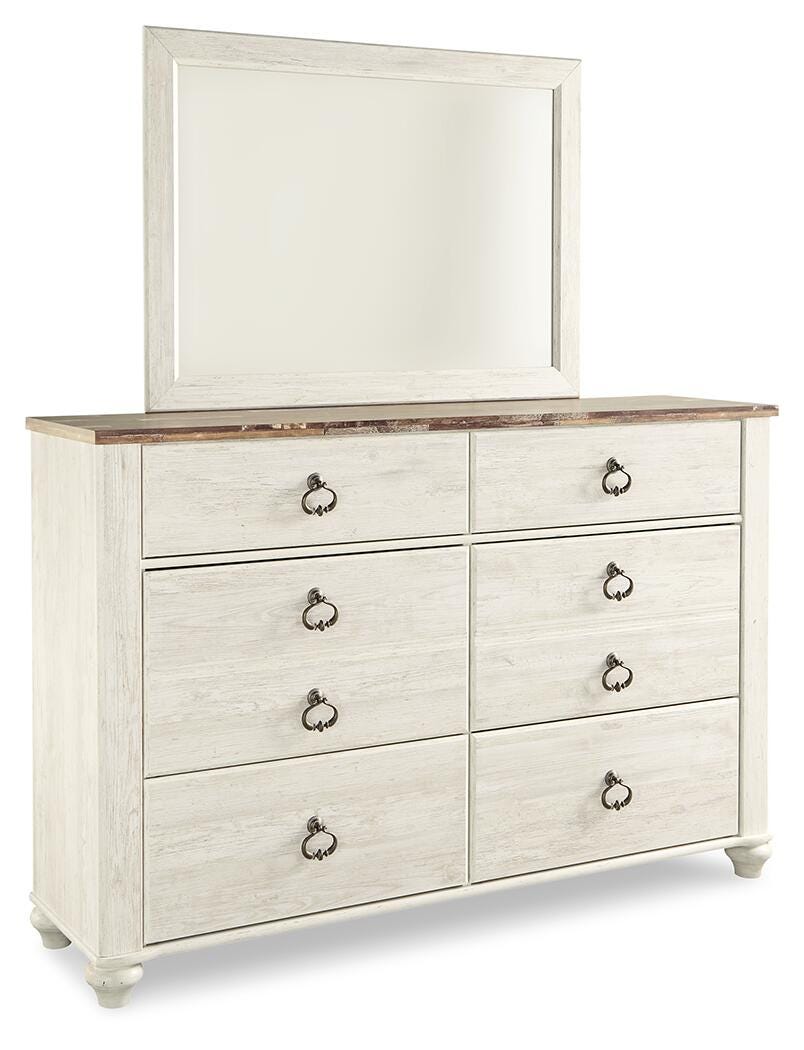 Willowton Whitewash King Panel Bed, Dresser, Mirror and 2 Nightstands
