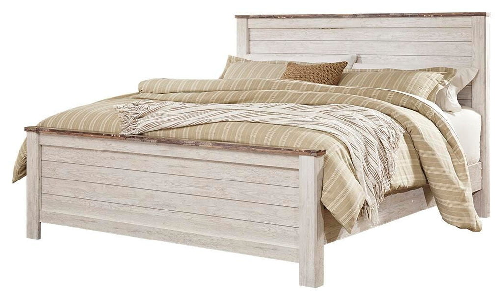 Willowton Whitewash King Panel Bed, Dresser, Mirror and 2 Nightstands