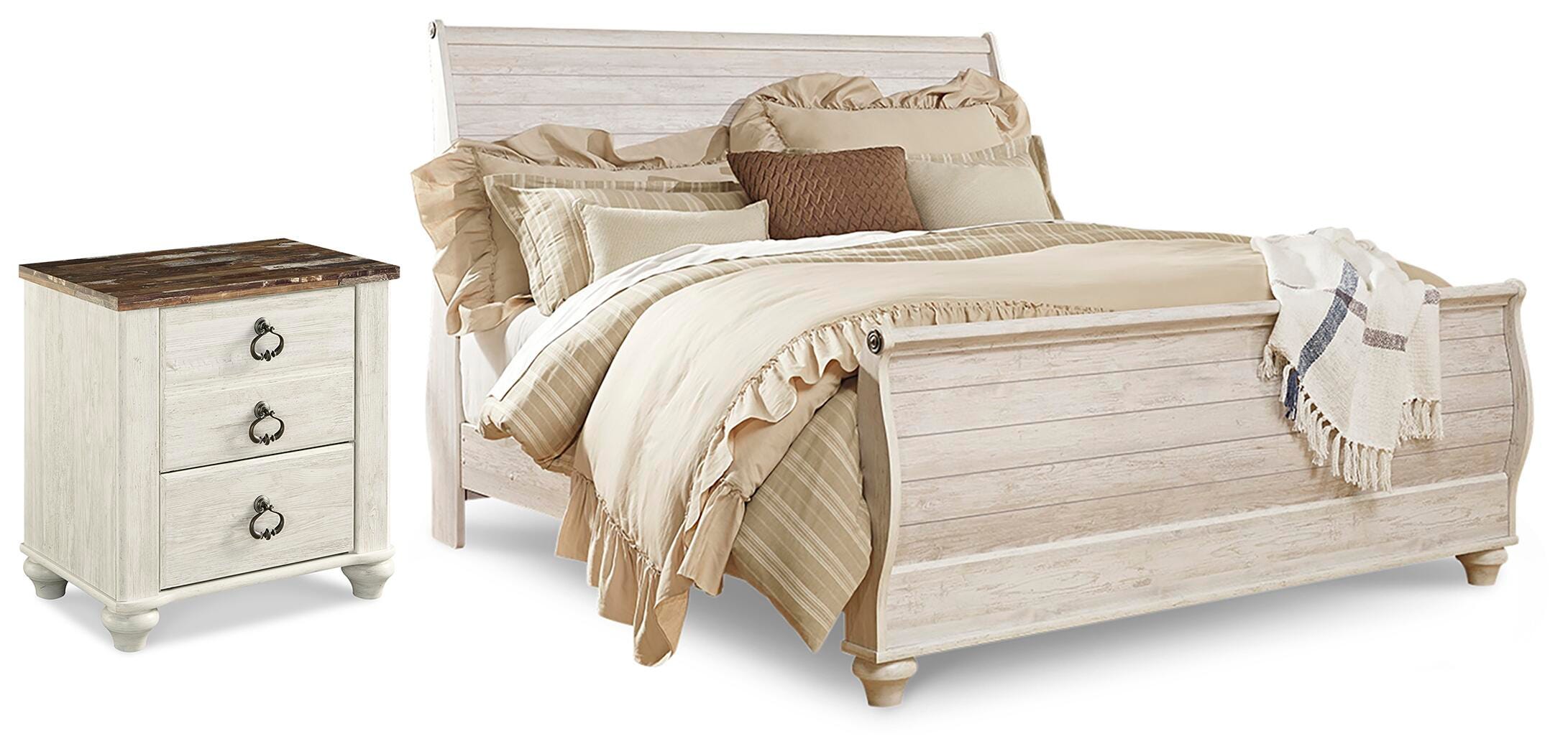 Willowton Whitewash King Sleigh Bed and Nightstand