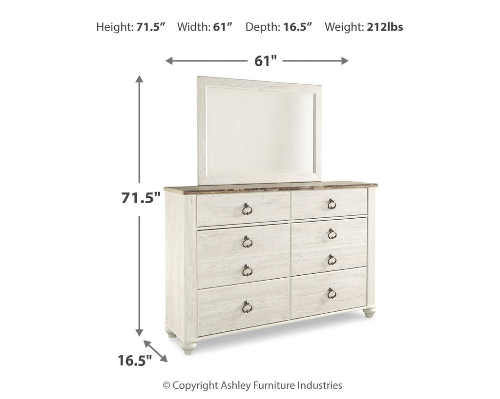 Willowton Whitewash Queen Bed & Dresser & Mirror & Chest