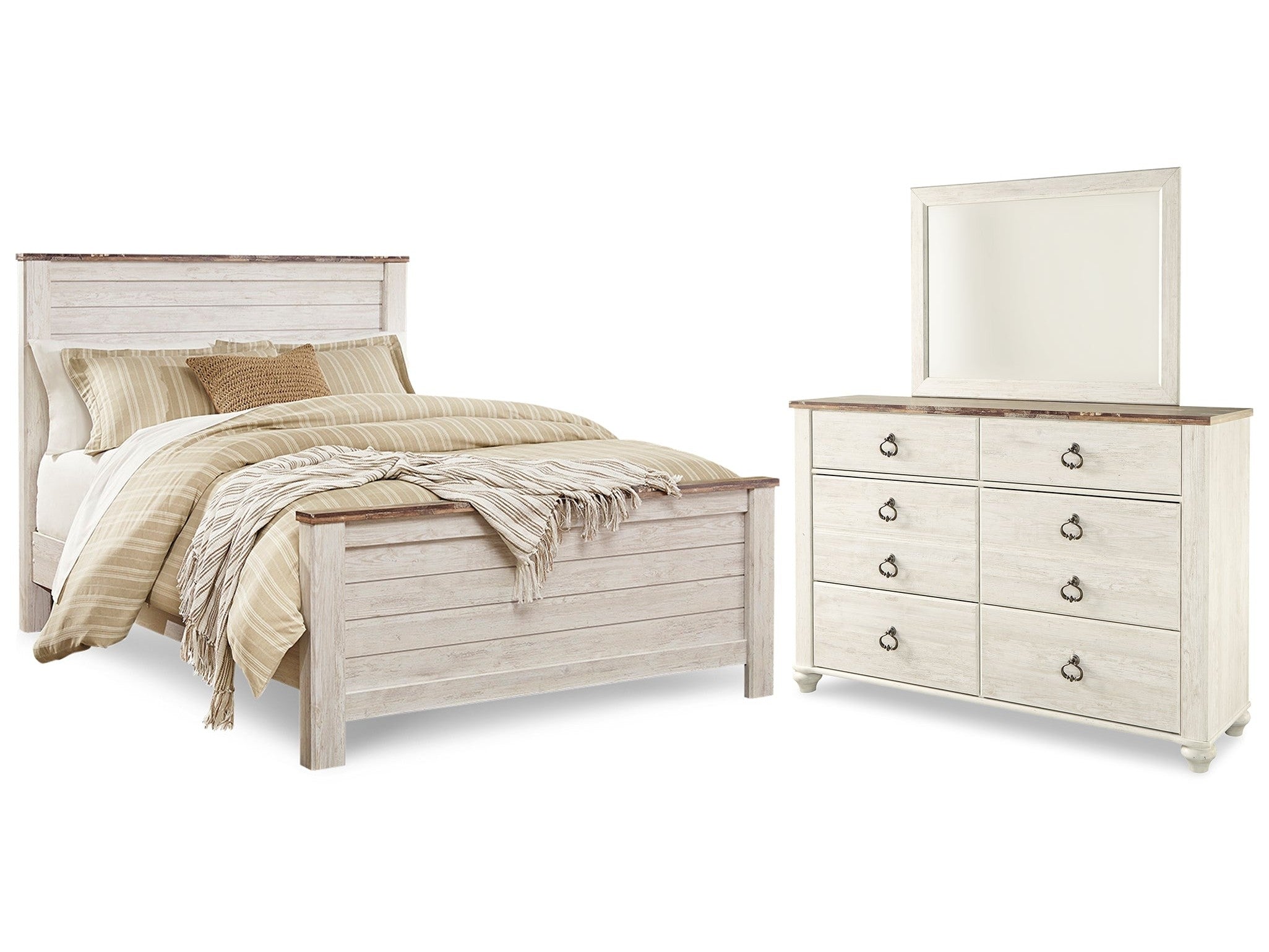 Willowton Whitewash Queen Panel Bed, Dresser and Mirror