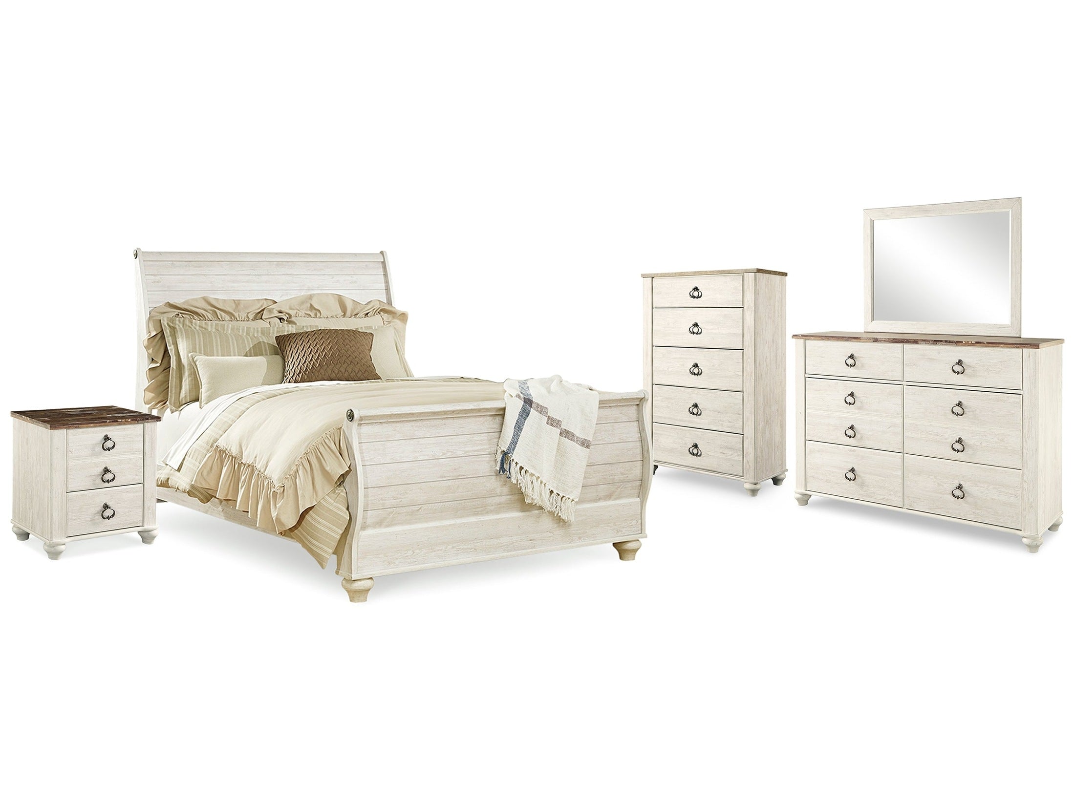 Willowton Whitewash Queen Sleigh Bed & Dresser & Mirror & Chest & Nightstand