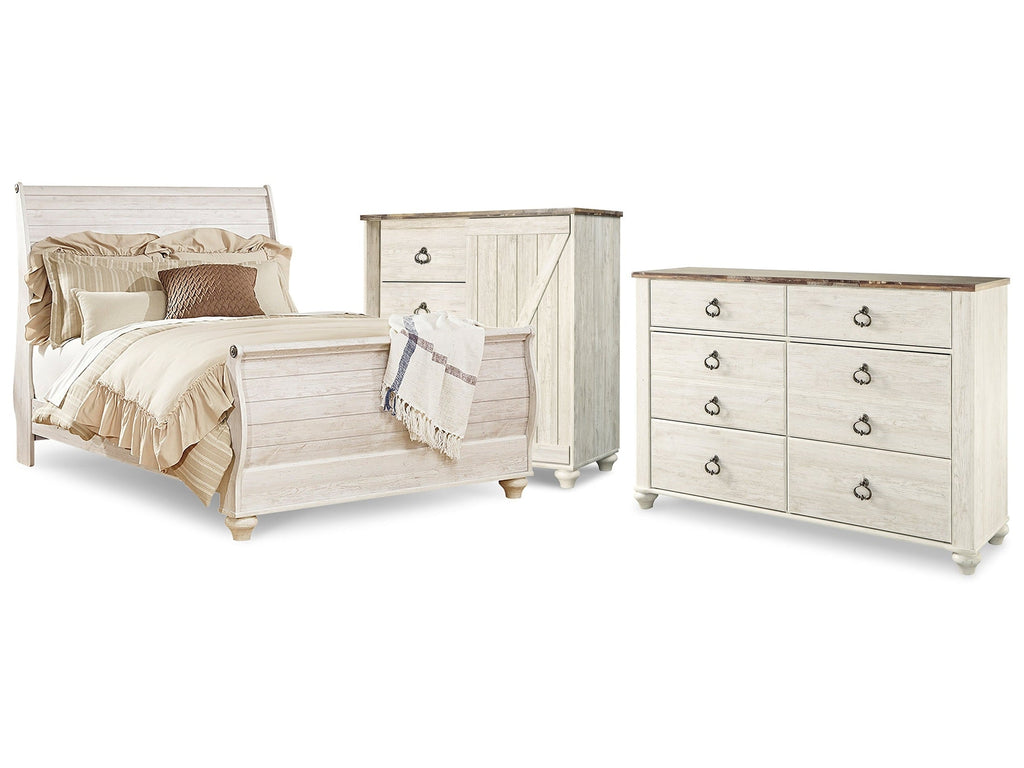 Willowton Whitewash Queen Sleigh Bedroom Set with Dresser and Chest