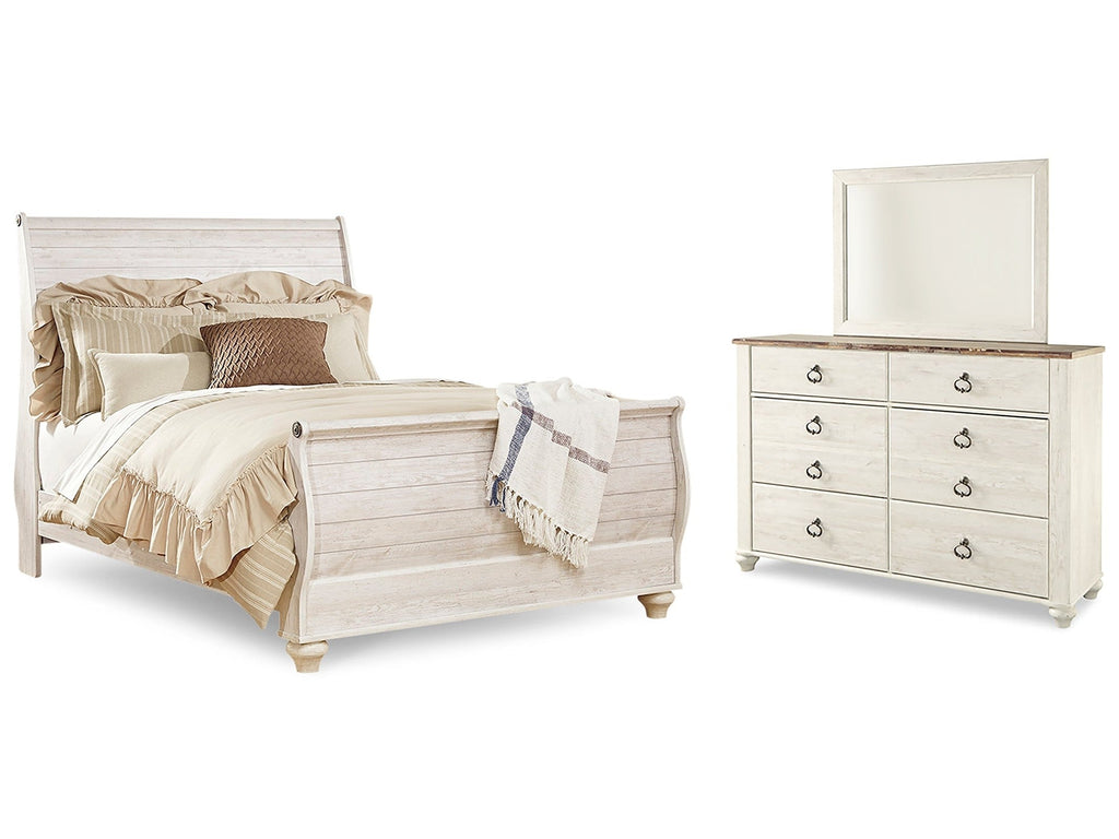 Willowton Whitewash Queen Sleigh Bedroom Set with Dresser and Mirror