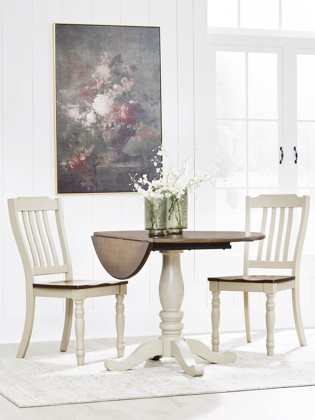 Wirloni Antique White/Brown Dining Table and 2 Chairs