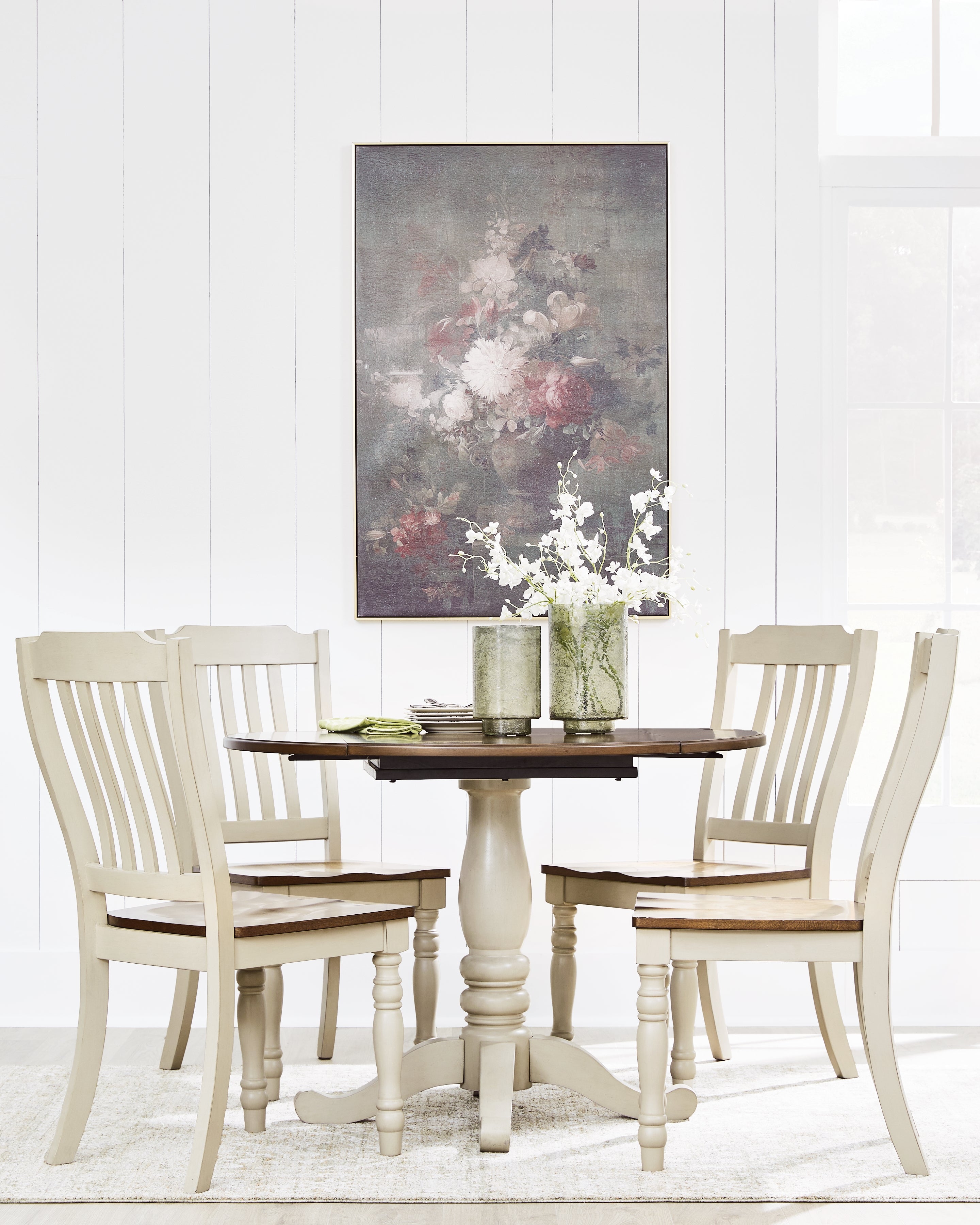 Wirloni Antique White/Brown Dining Table and 4 Chairs