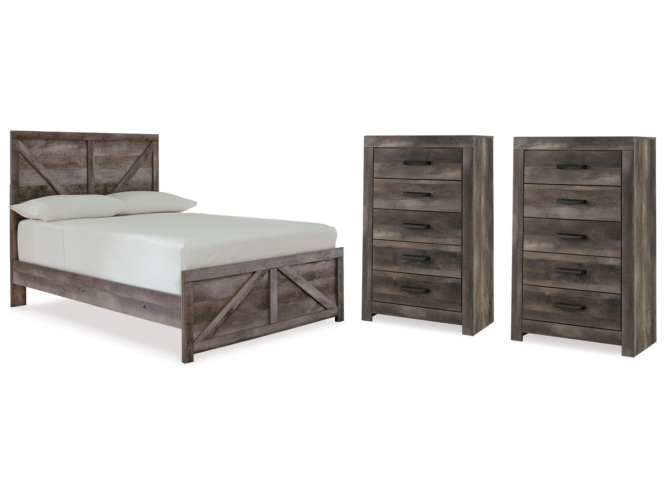 Wynnlow Gray Full Crossbuck Panel Bed & 2 Chests