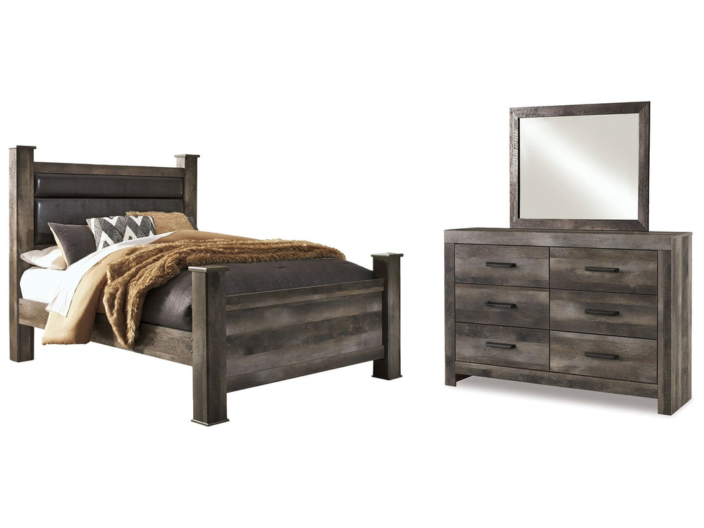 Wynnlow Gray Queen Upholstered Poster Bed, Dresser and Mirror