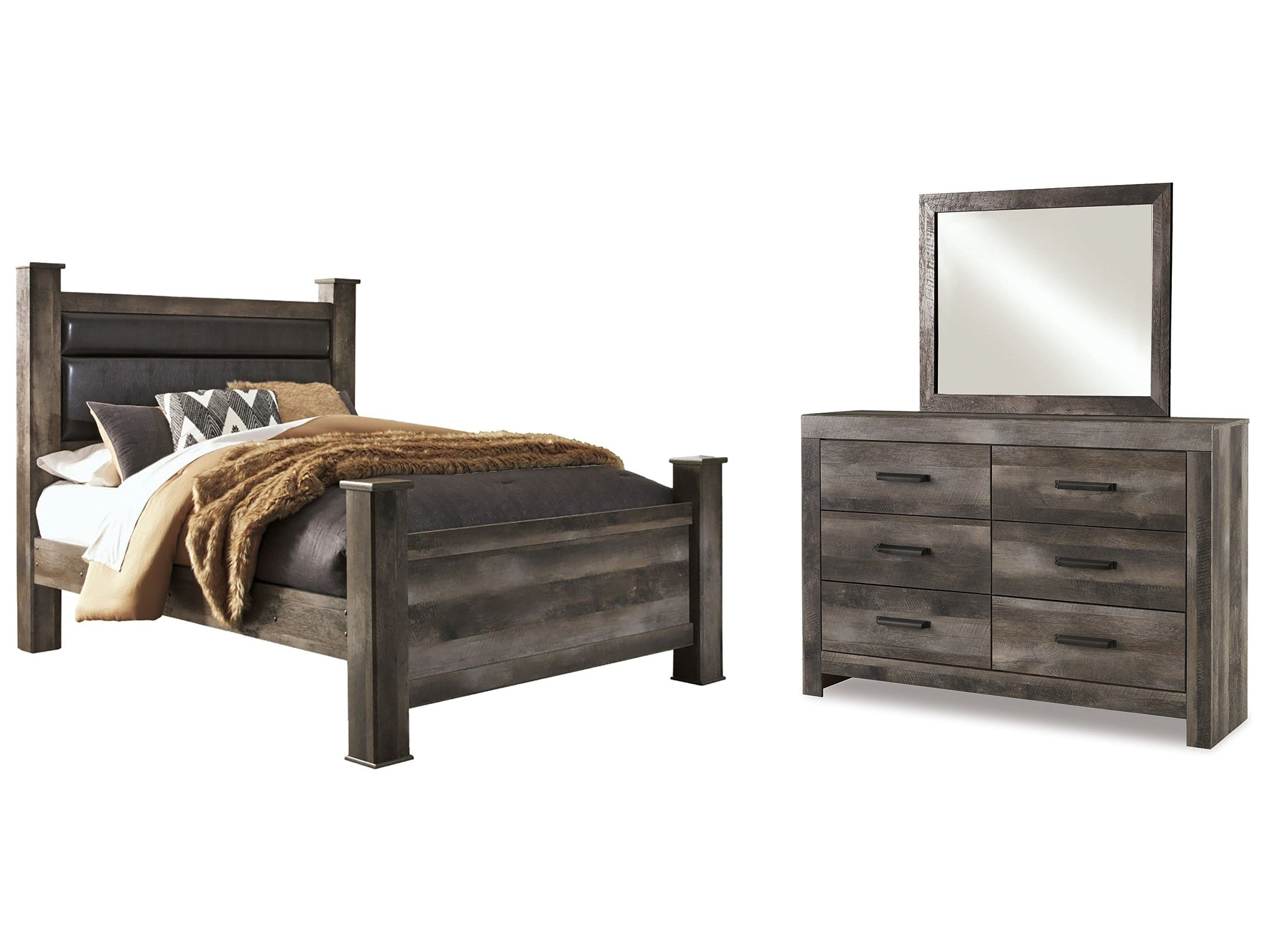 Wynnlow Gray Queen Upholstered Poster Bed, Dresser and Mirror