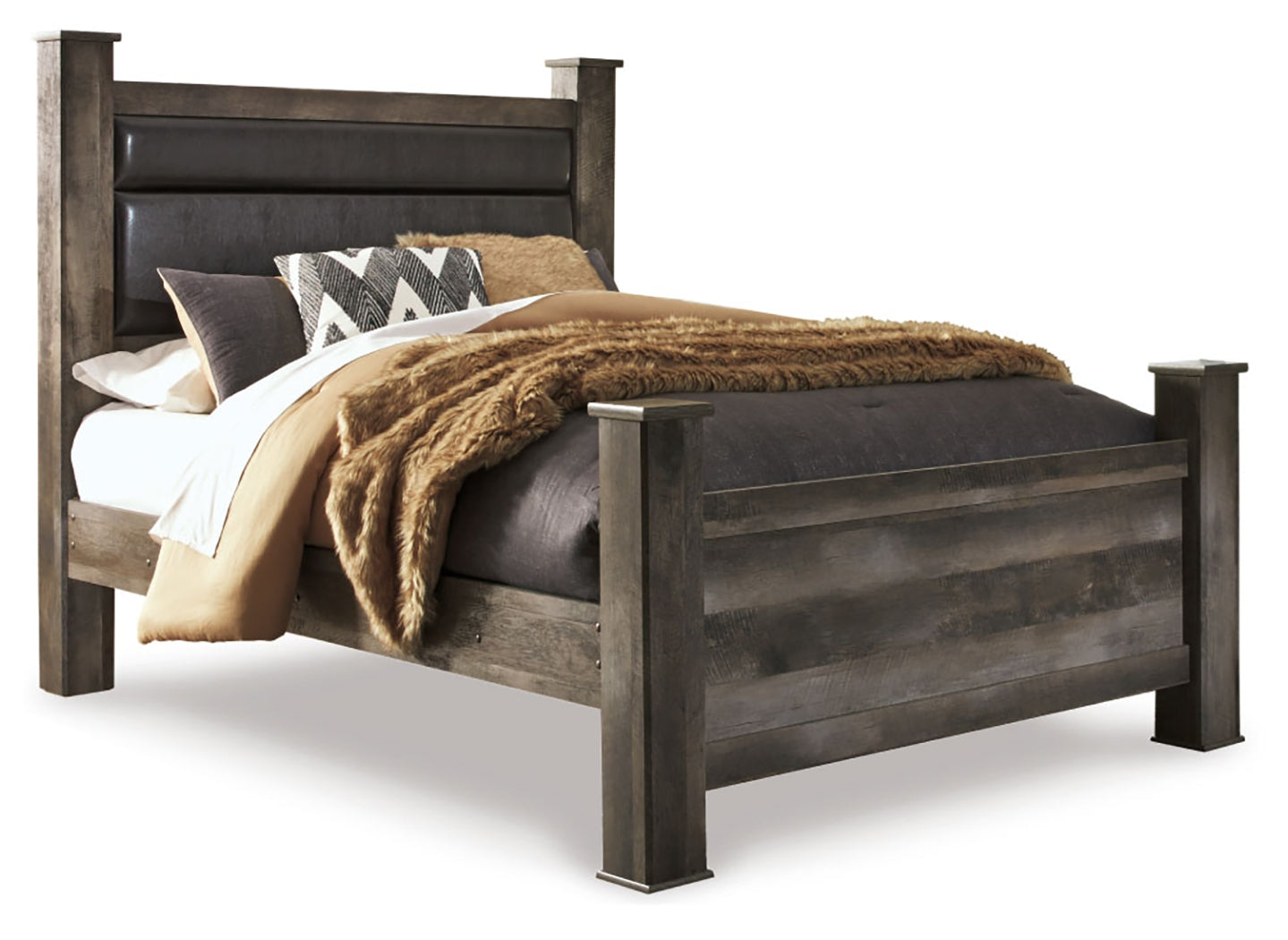 Wynnlow Gray Queen Upholstered Poster Bed, Dresser and Mirror