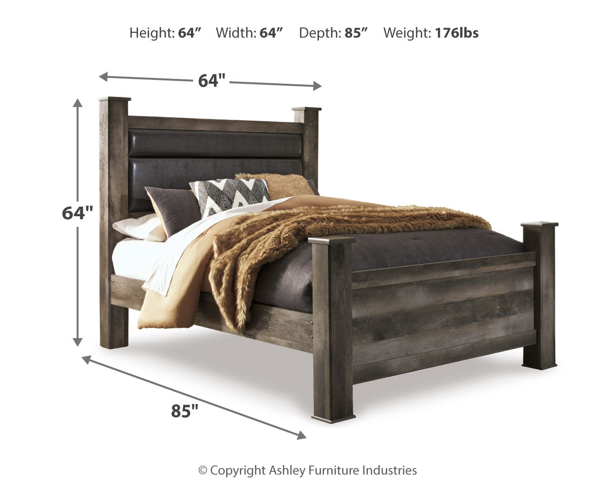 Wynnlow Gray Queen Upholstered Poster Bed, Dresser and Mirror