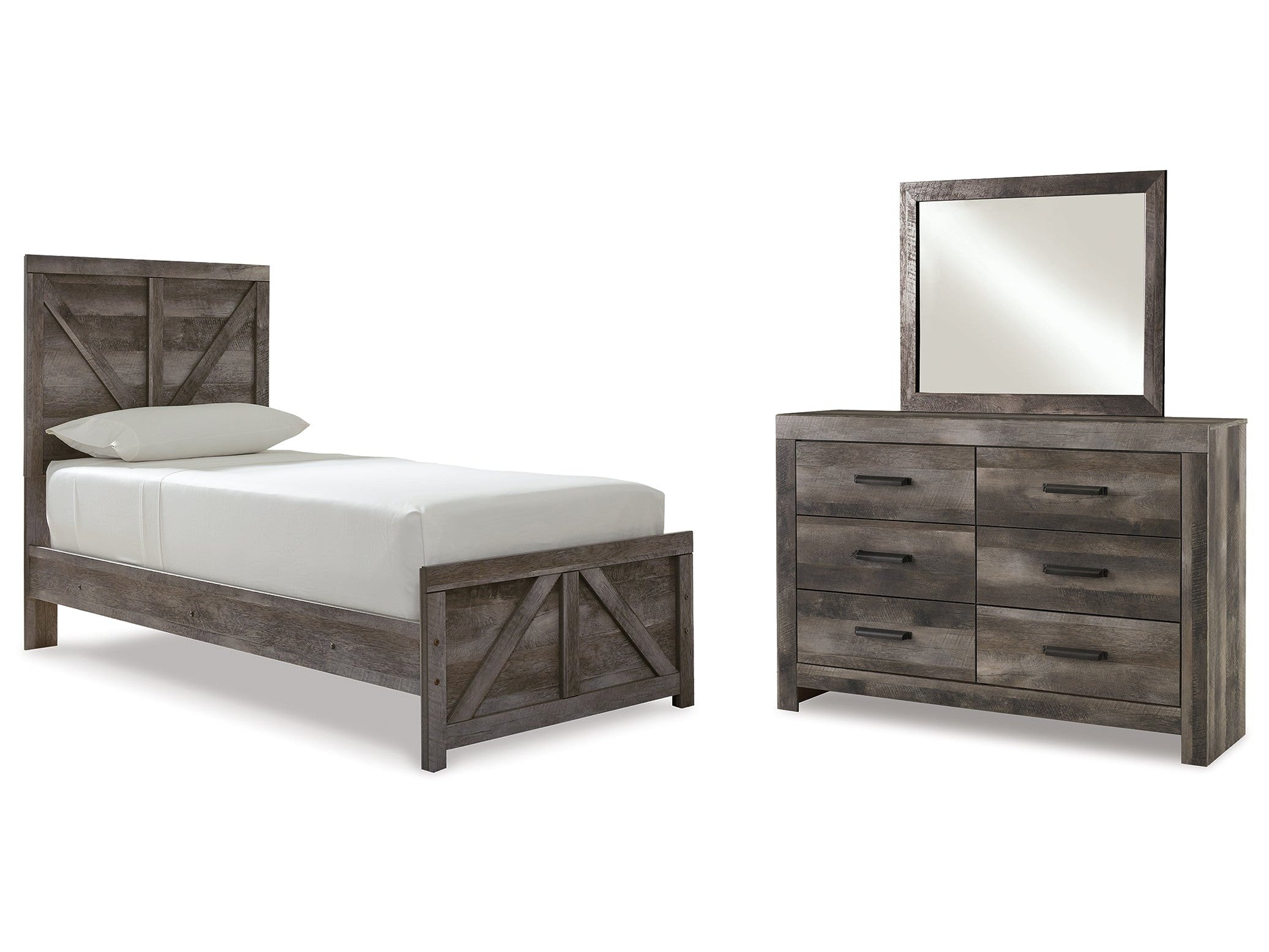 Wynnlow Gray Twin Crossbuck Panel Bed, Dresser and Mirror