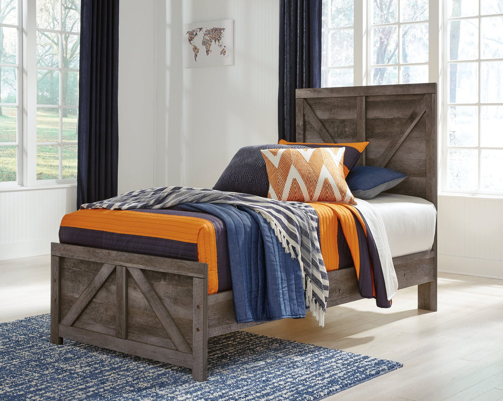 Wynnlow Gray Twin Crossbuck Panel Bed, Dresser and Mirror