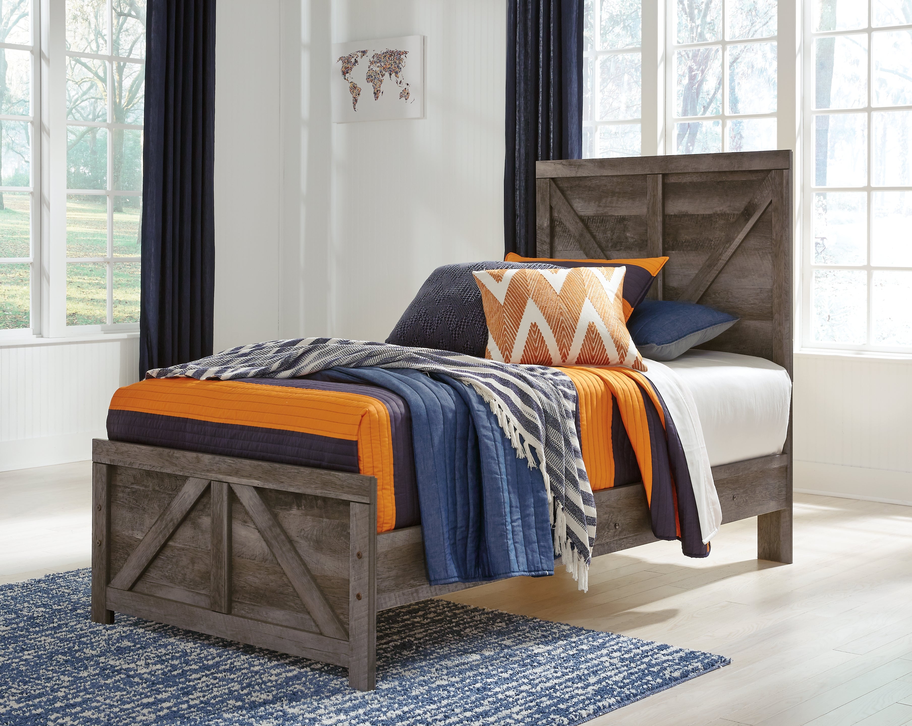Wynnlow Gray Twin Crossbuck Panel Bed, Dresser and Mirror