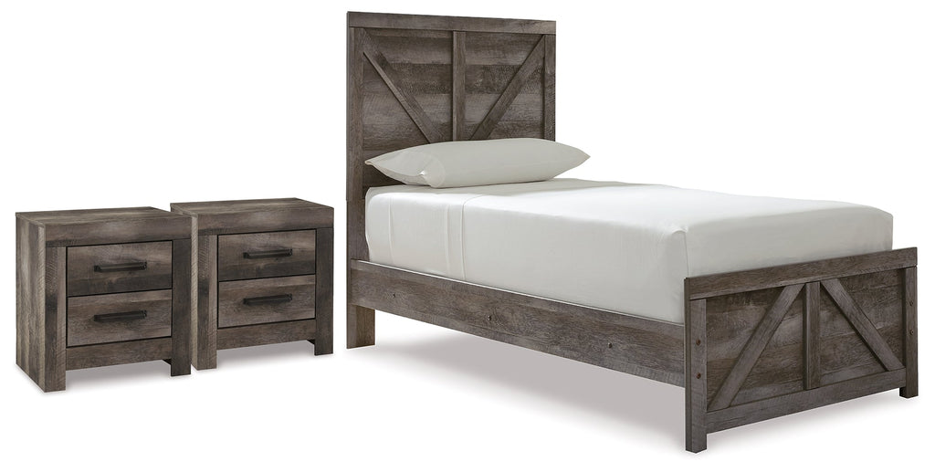 Wynnlow Gray Twin Crossbuck Panel Bed and 2 Nightstands