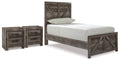 Wynnlow Gray Twin Crossbuck Panel Bed and 2 Nightstands