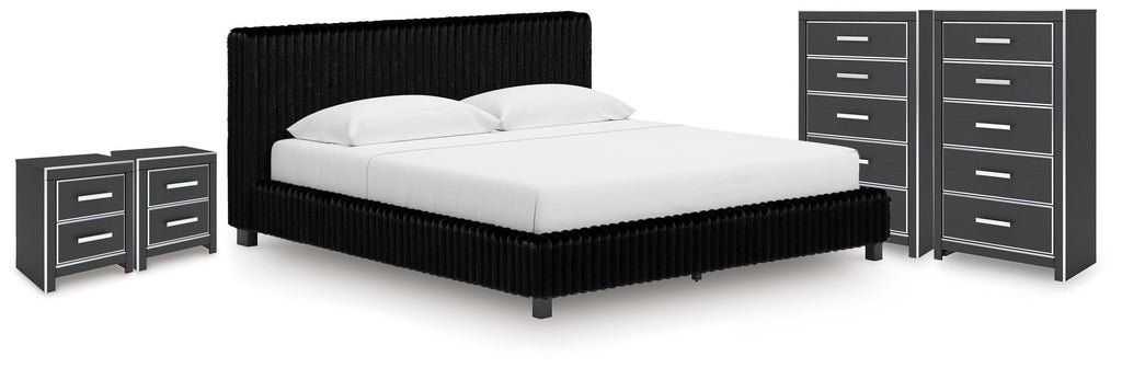 Zuraleus Black King Upholstered Bed, 2 Chests and 2 Nightstands