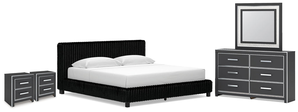 Zuraleus King Upholstered Bed, Dresser, Mirror and 2 Nightstands, Black