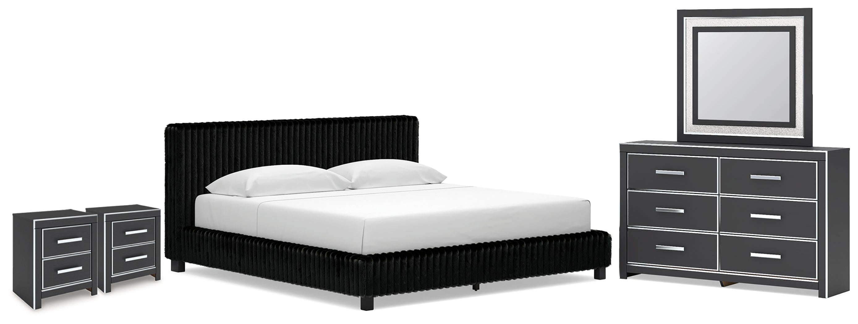 Zuraleus King Upholstered Bed, Dresser, Mirror and 2 Nightstands, Black