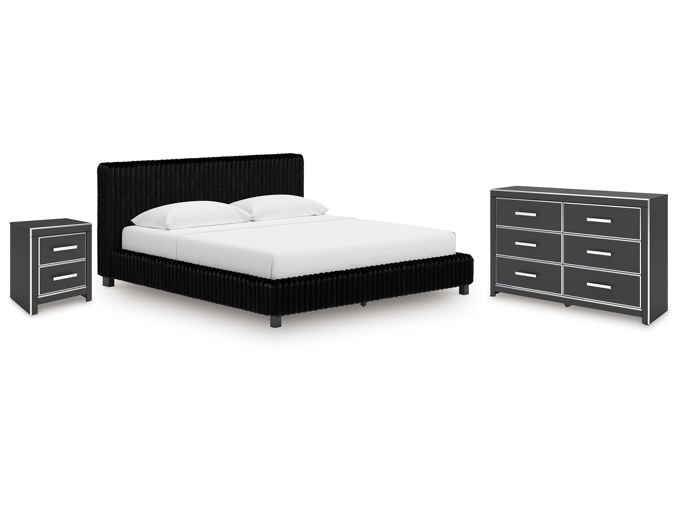 Zuraleus Black King Upholstered Bed, Dresser and Nightstand