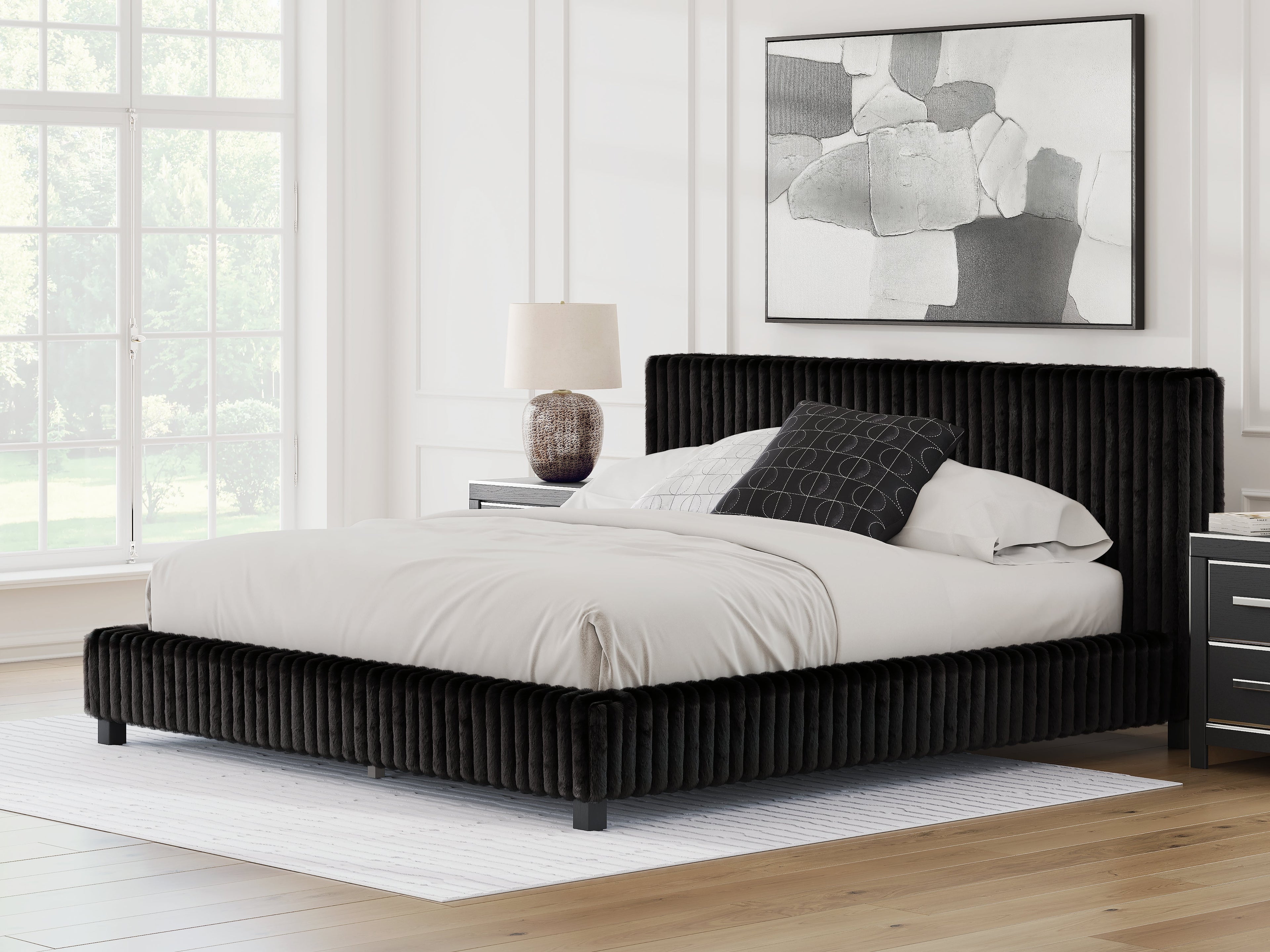 Zuraleus Black King Upholstered Bed, Dresser and Nightstand