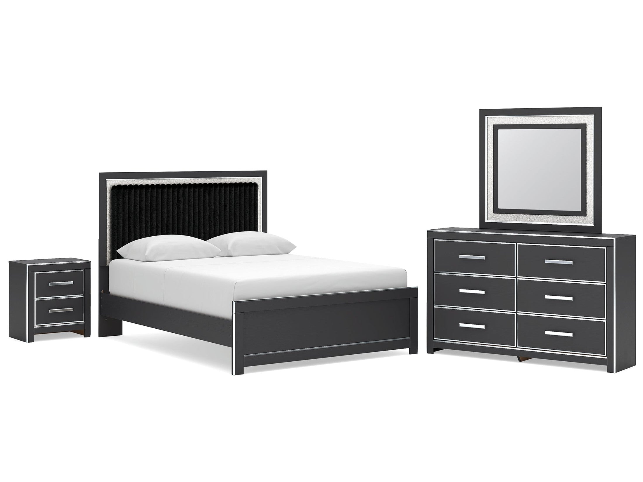 Zuraleus Queen Upholstered Bed, Dresser, Mirror and Nightstand, Black