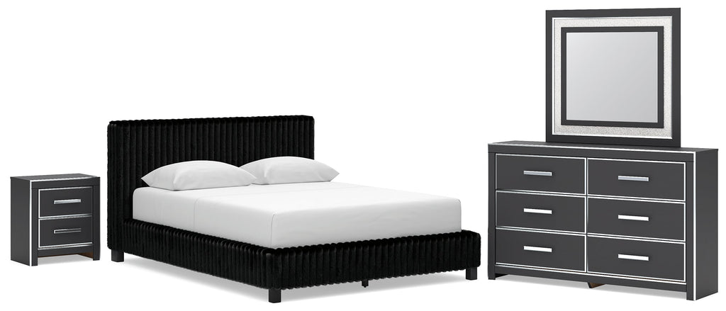 Zuraleus Queen Upholstered Bed, Dresser, Mirror and Nightstand, Black