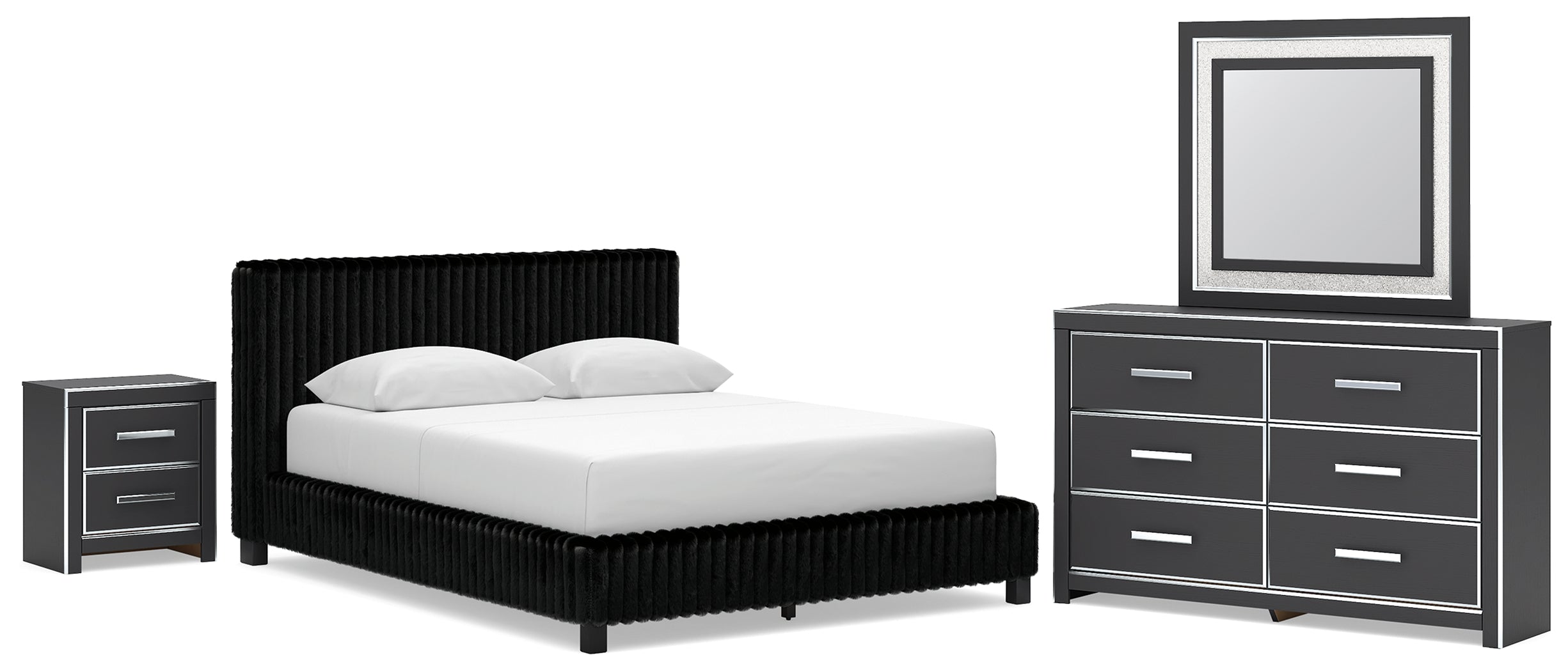 Zuraleus Queen Upholstered Bed, Dresser, Mirror and Nightstand, Black