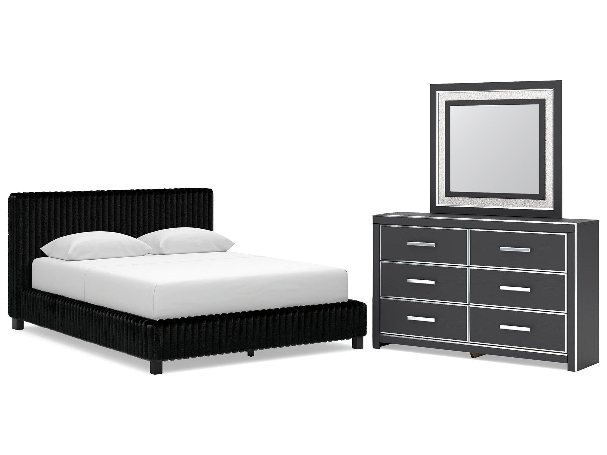 Zuraleus Black Queen Upholstered Bed, Dresser and Mirror
