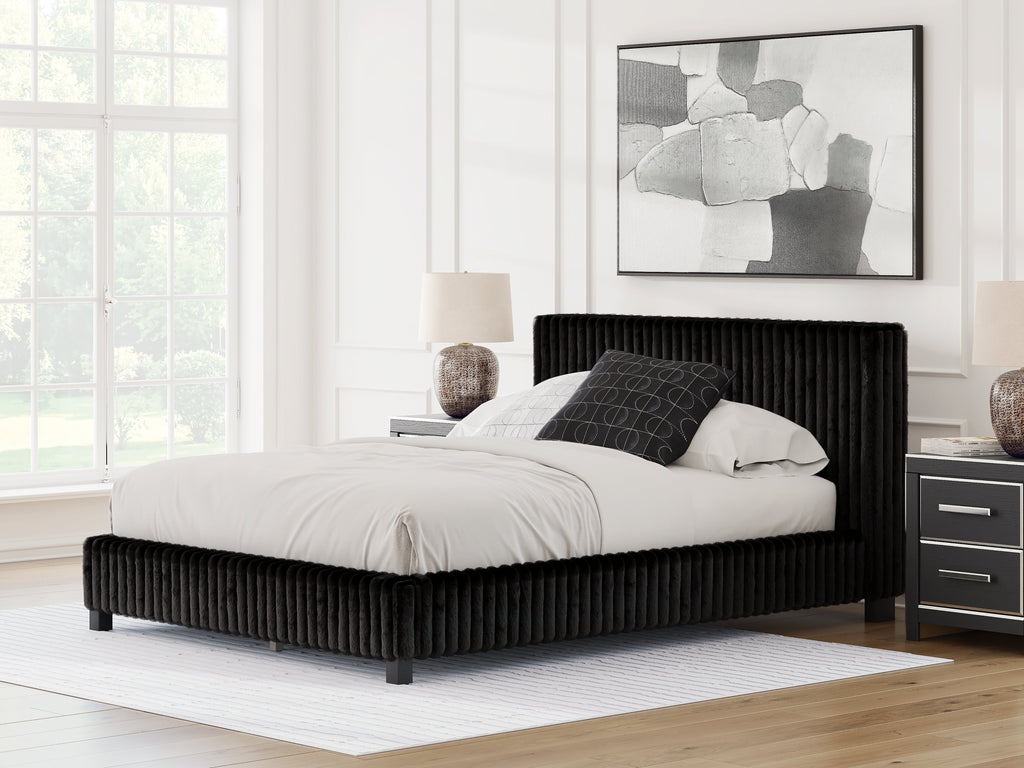 Zuraleus Black Queen Upholstered Bed, Dresser and Mirror