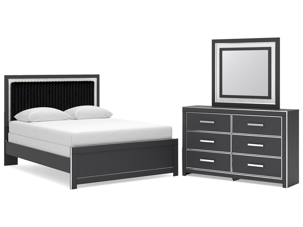 Zuraleus Black Queen Upholstered Panel Bed, Dresser and Mirror