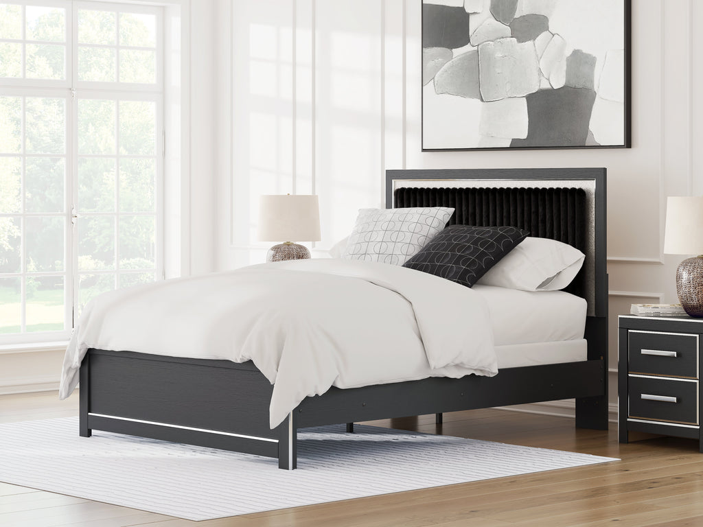 Zuraleus Black Queen Upholstered Panel Bed, Dresser and Mirror