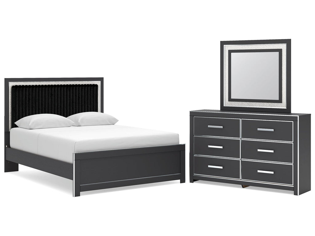 Zuraleus Queen Upholstered Panel Platform Bed, Dresser and Mirror, Black