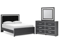 Zuraleus Queen Upholstered Panel Platform Bed, Dresser and Mirror, Black