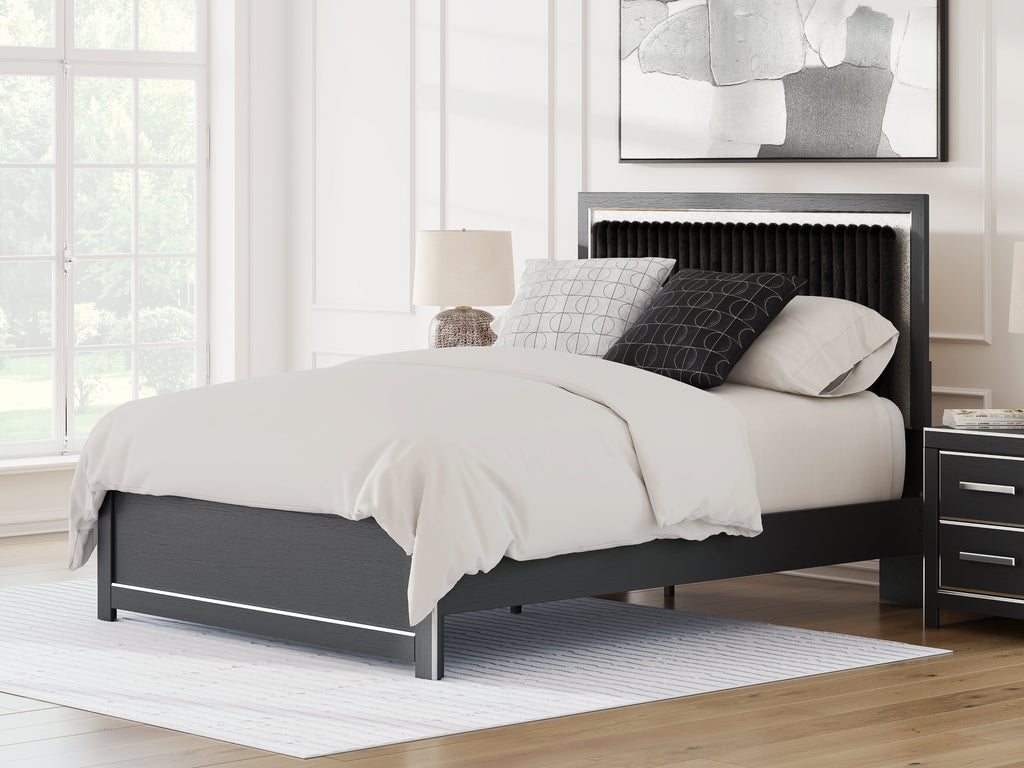 Zuraleus Queen Upholstered Panel Platform Bed, Dresser and Mirror, Black