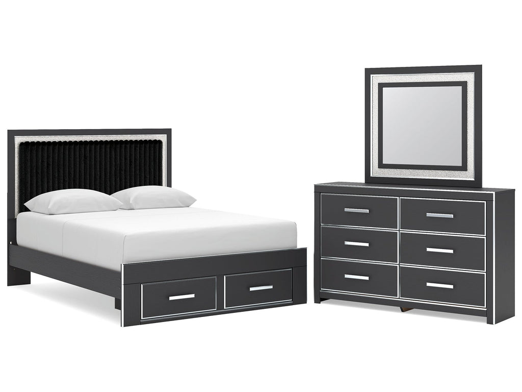 Zuraleus Queen Upholstered Panel Platform Storage Bed, Dresser and Mirror, Black