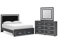 Zuraleus Queen Upholstered Panel Platform Storage Bed, Dresser and Mirror, Black