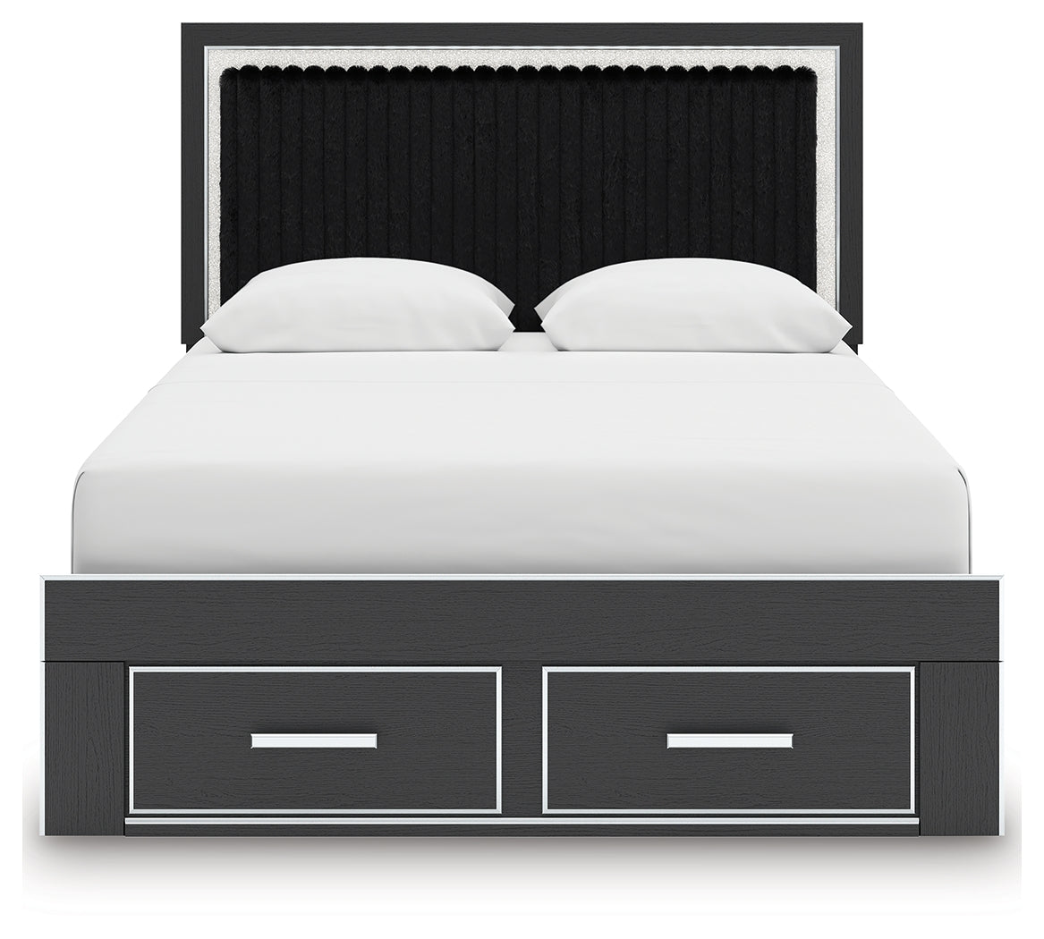 Zuraleus Queen Upholstered Panel Platform Storage Bed, Dresser and Mirror, Black