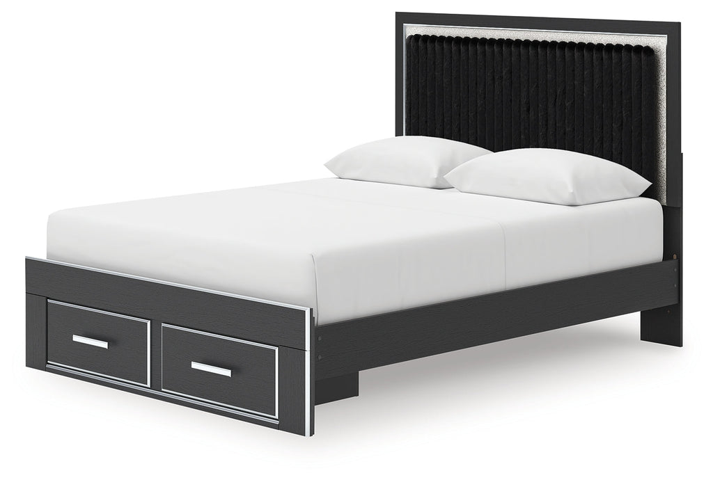 Zuraleus Queen Upholstered Panel Platform Storage Bed, Dresser and Mirror, Black