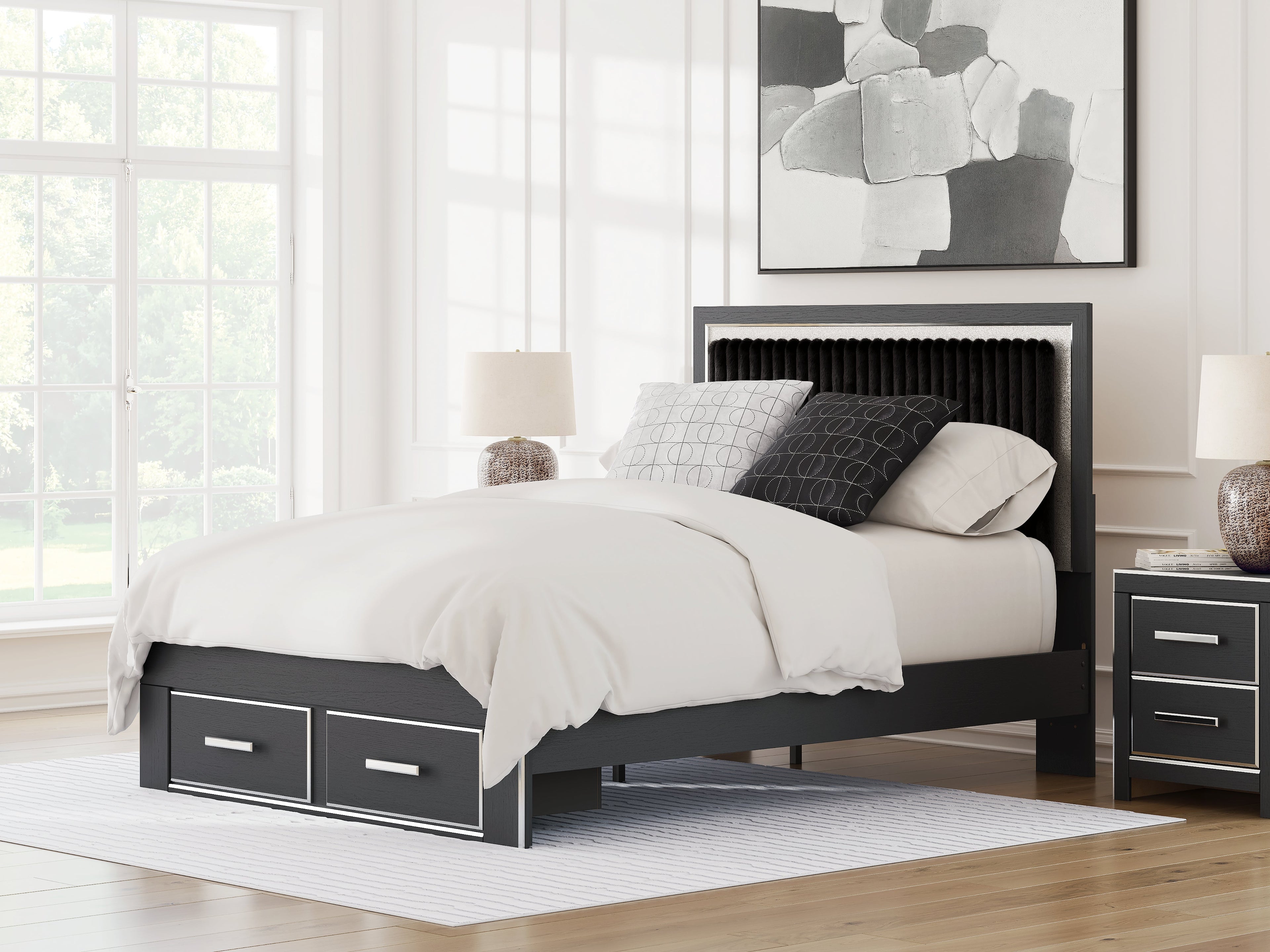 Zuraleus Black Queen Upholstered Panel Platform Storage Bed