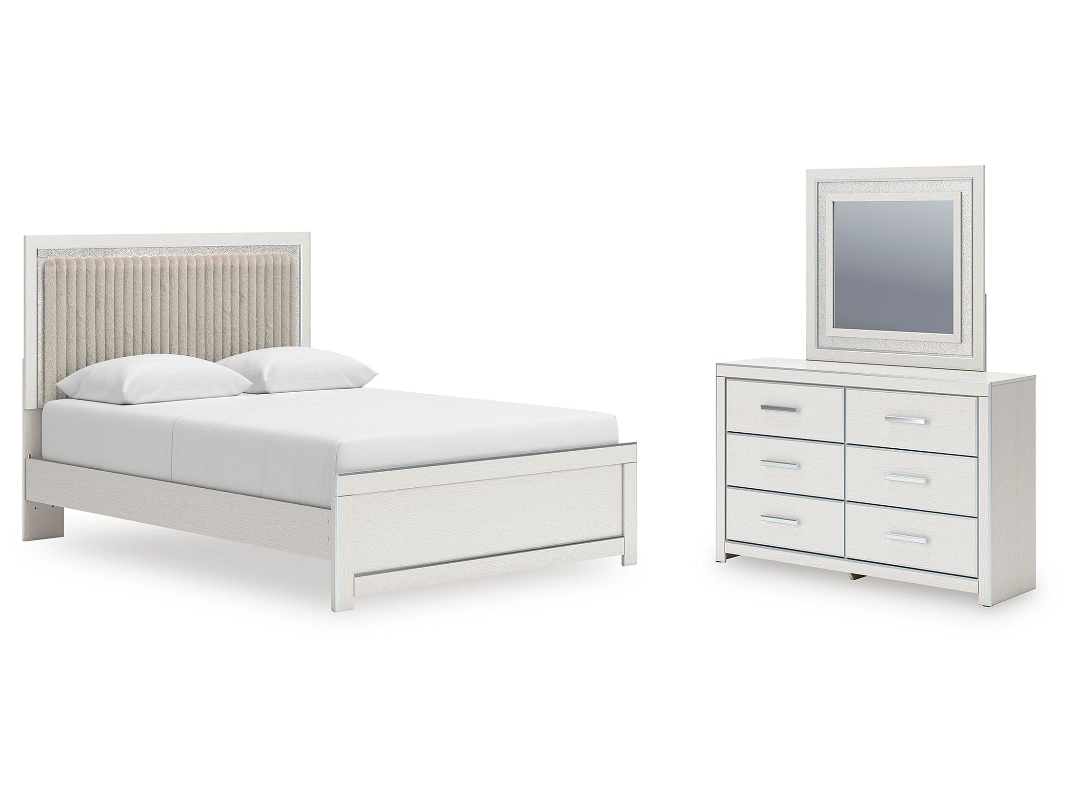 Zuraleus /White Queen Upholstered Panel Platform Bed, Dresser and Mirror, Brown